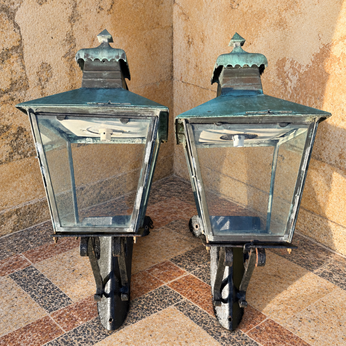 Monumental Pair of English Late Victorian Copper Corner Lanterns, c.1890