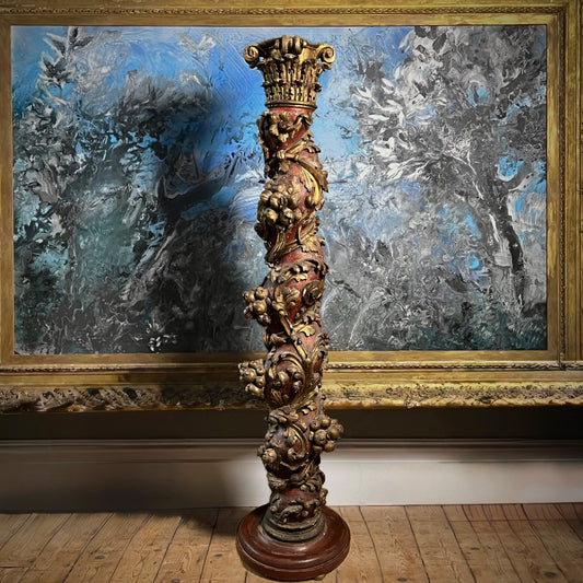 Large Italian Baroque Solomonic Altar Column with Vine and Grape Carving, c.1650-1720