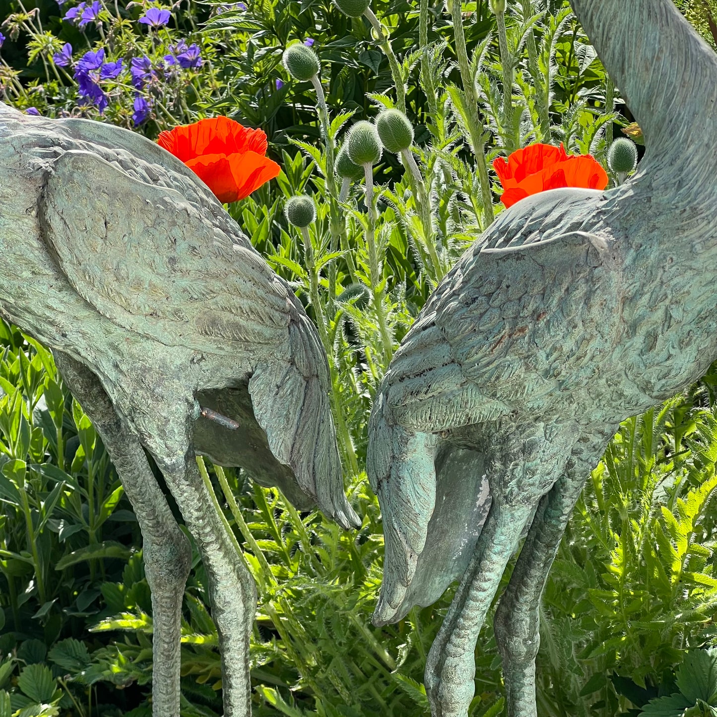 Pair of Meiji Style Bronze Garden Cranes with Fountain Spouts Mid 20th Century