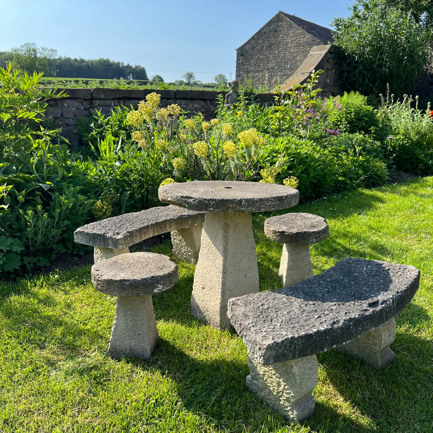Vintage Composite Stone Garden Table, Bench & Stool Dining Set