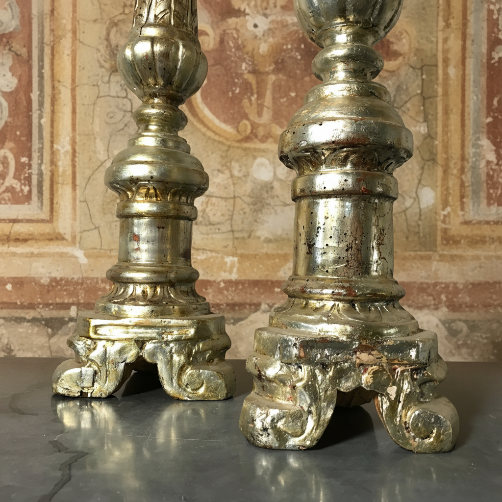 Pair of Italian Silver-Leaf Mecca Altar Pricket Candlesticks c.1750