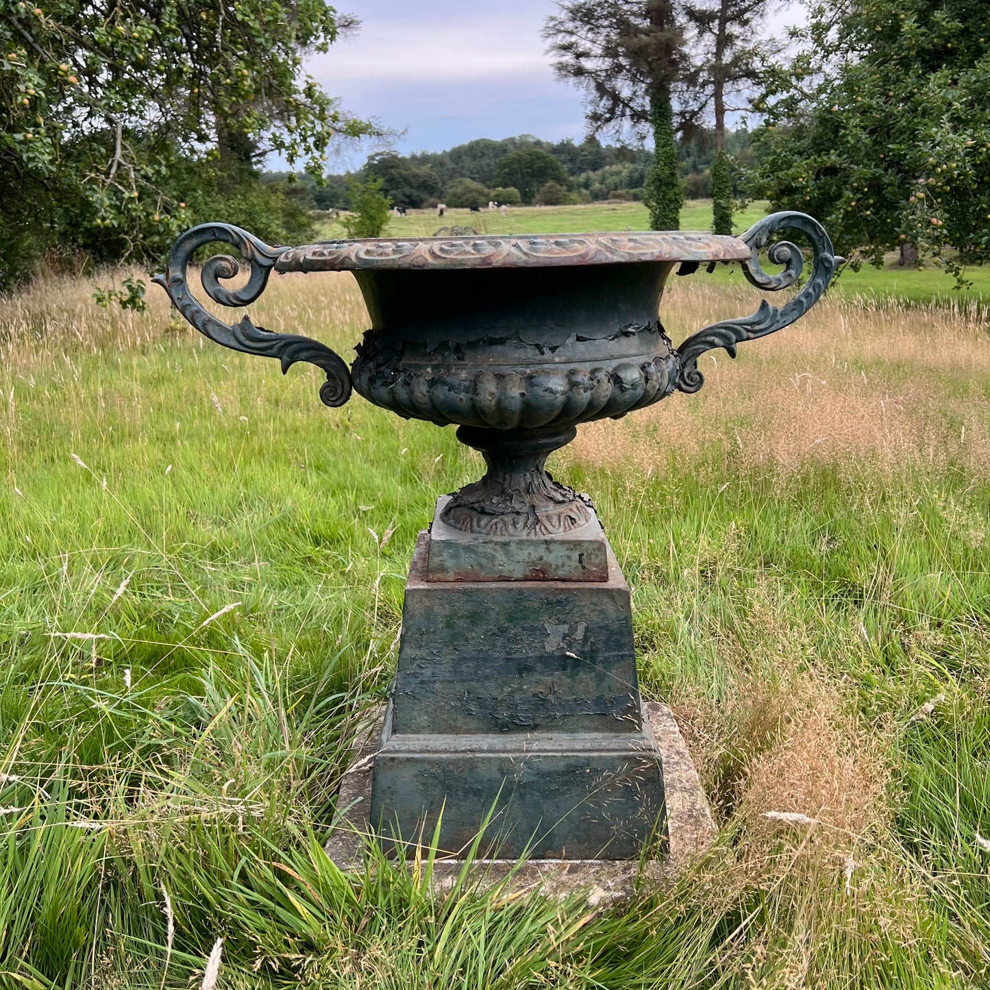 Pair of English Cast Iron Garden Urns with Plinths c.1870