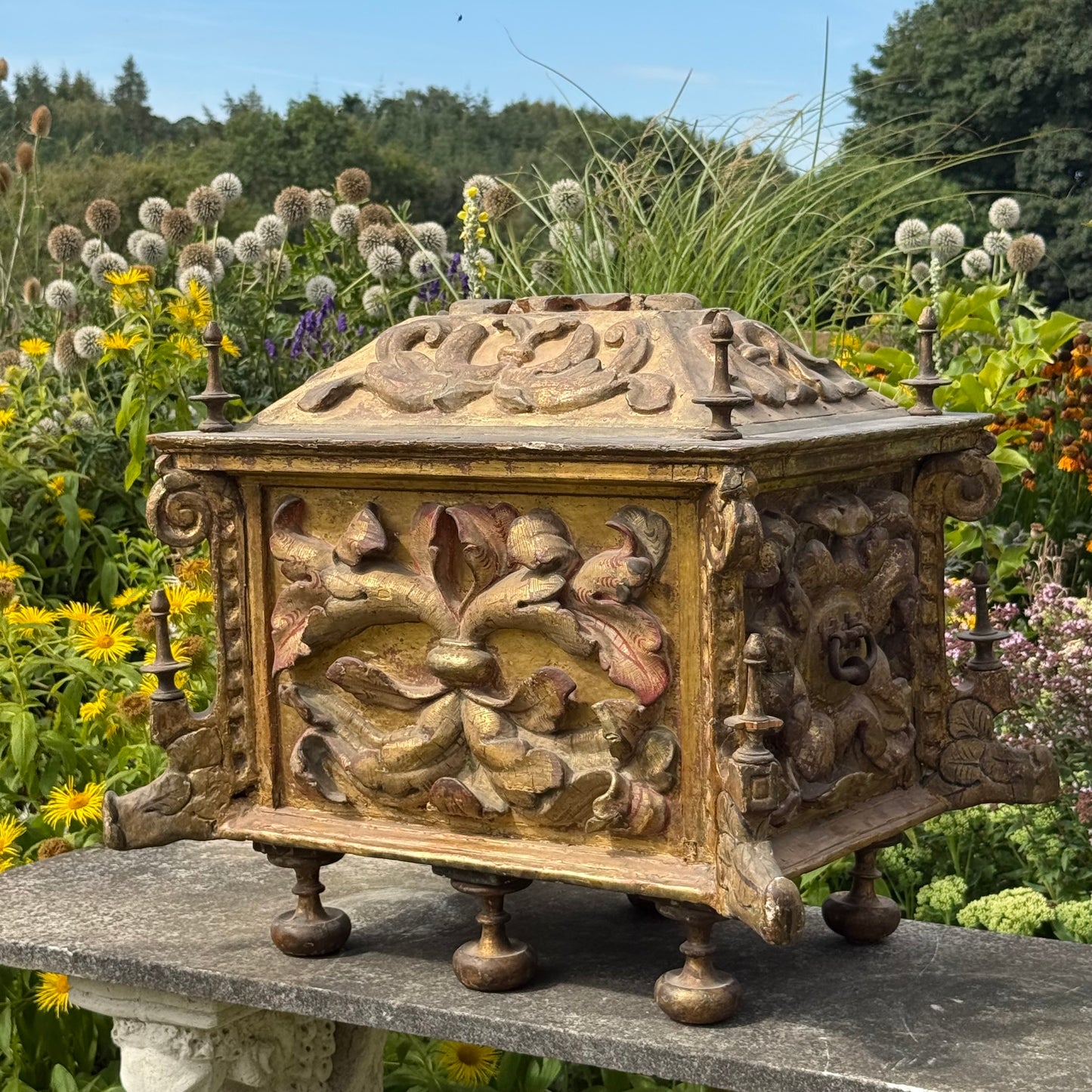 17th Century Italian Baroque Carved, Gilt & Polychrome Sarcophagus Form Reliquary Casket