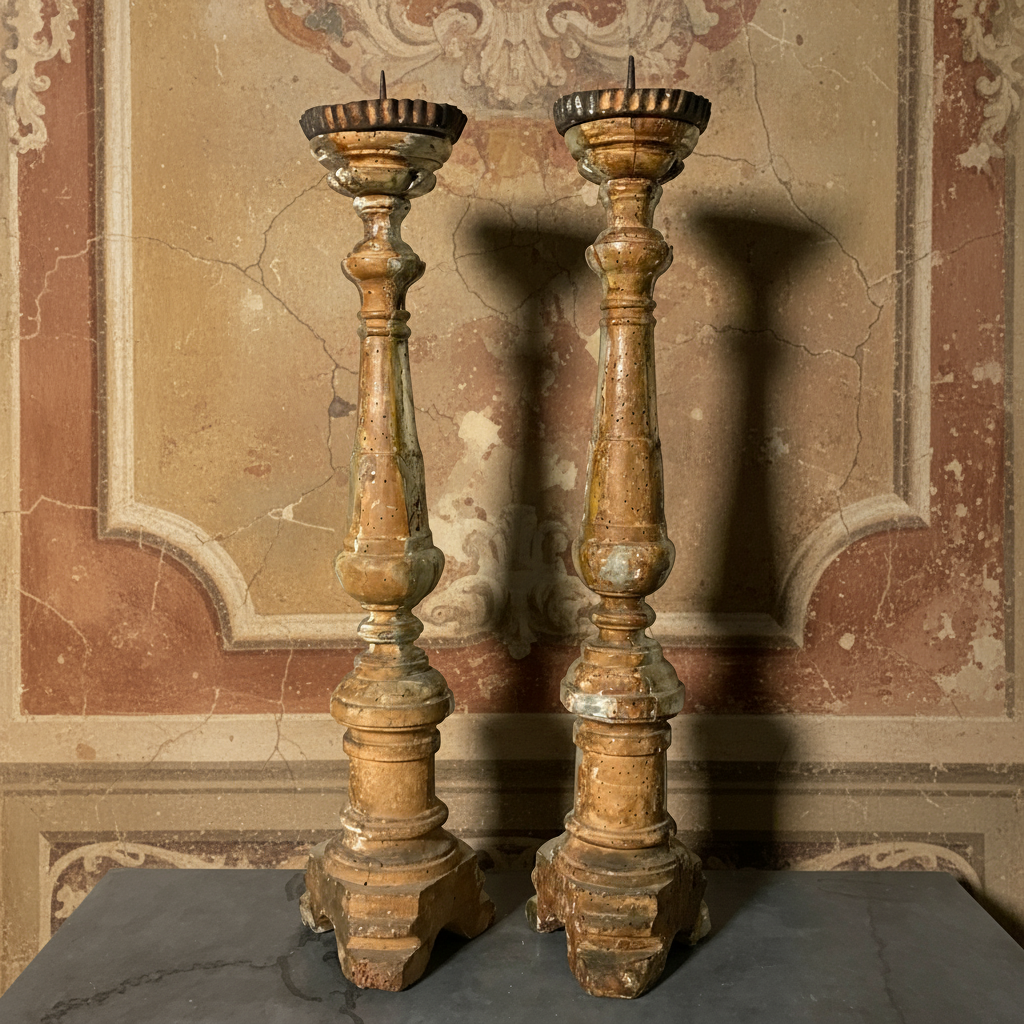 Pair of Italian Silver-Leaf Mecca Altar Pricket Candlesticks c.1750