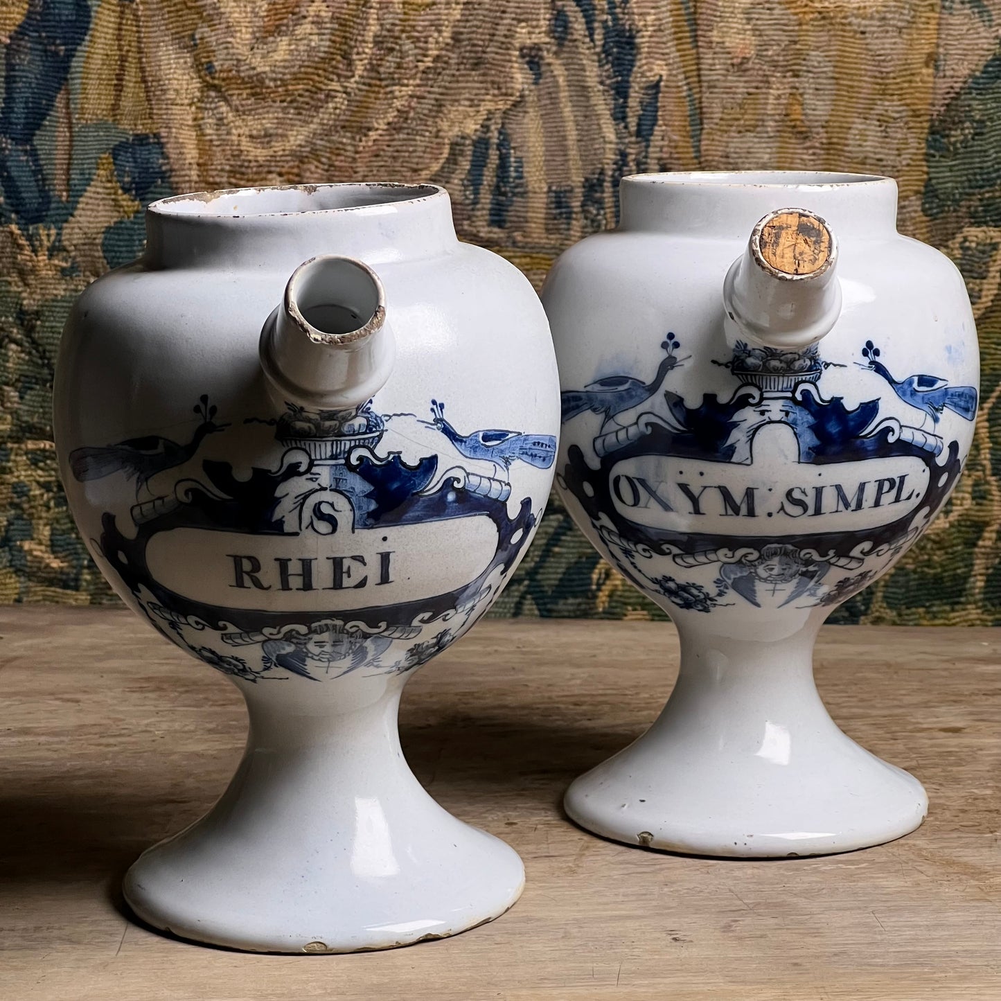 Pair of Dutch Delft Apothecary Syrup Jars, “Oxym. Simpl.” & “S. Rhei”, Mid-18th century (c.1730–1760)