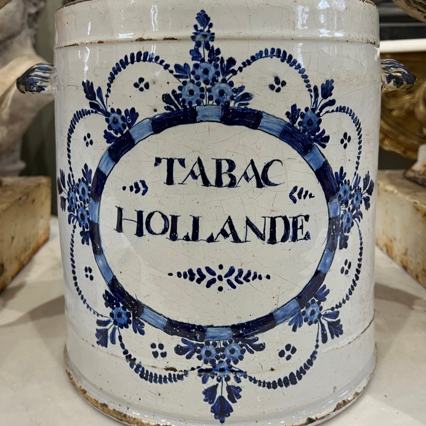 A Dutch Delft “Tabac Hollande” Jar with Original Brass Lid, c.1700