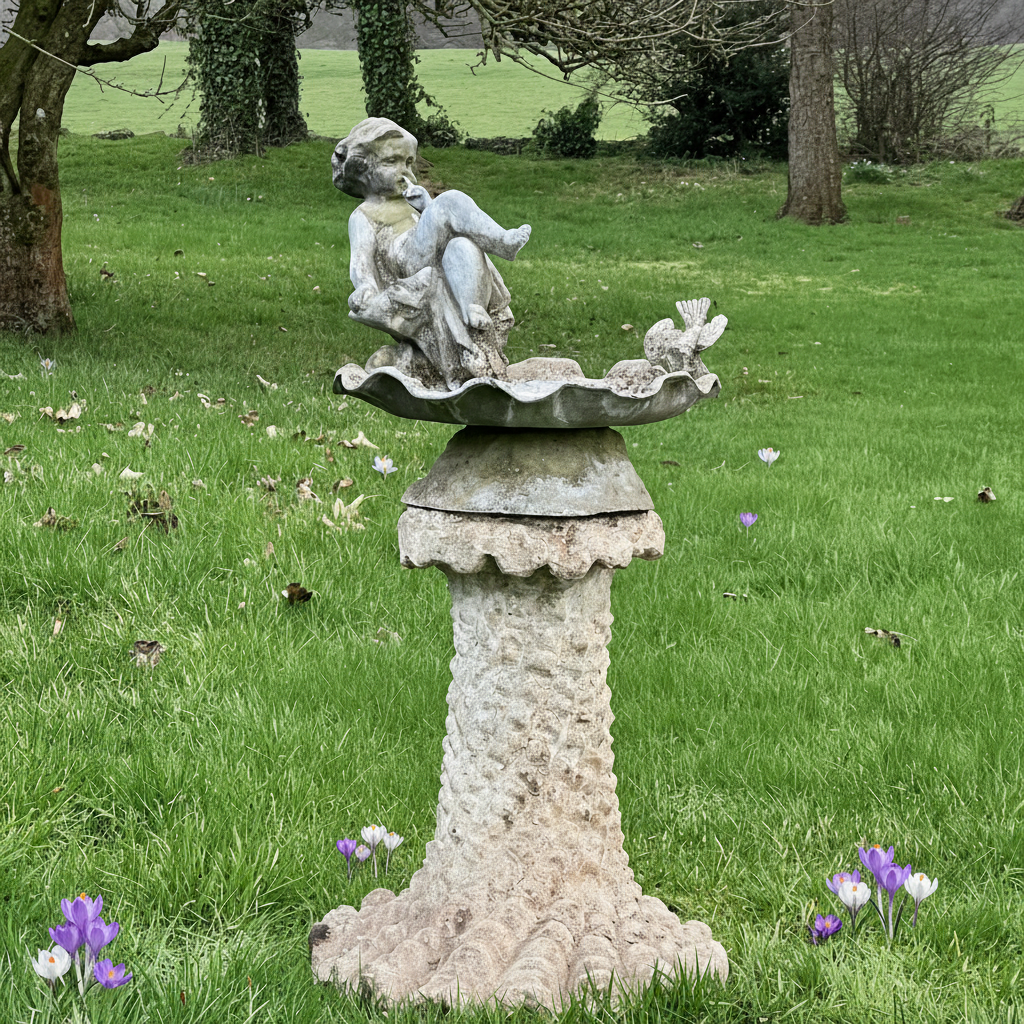 Lead Scallop Shell, Cherub & Bird Birdbath Early 20th Century with Grotto Pedestal