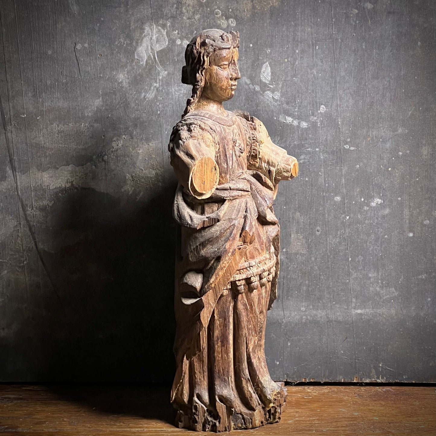 Late Gothic Carved Walnut Figure of a Crowned Female Saint, Southern Europe, 15th–Early 16th Century