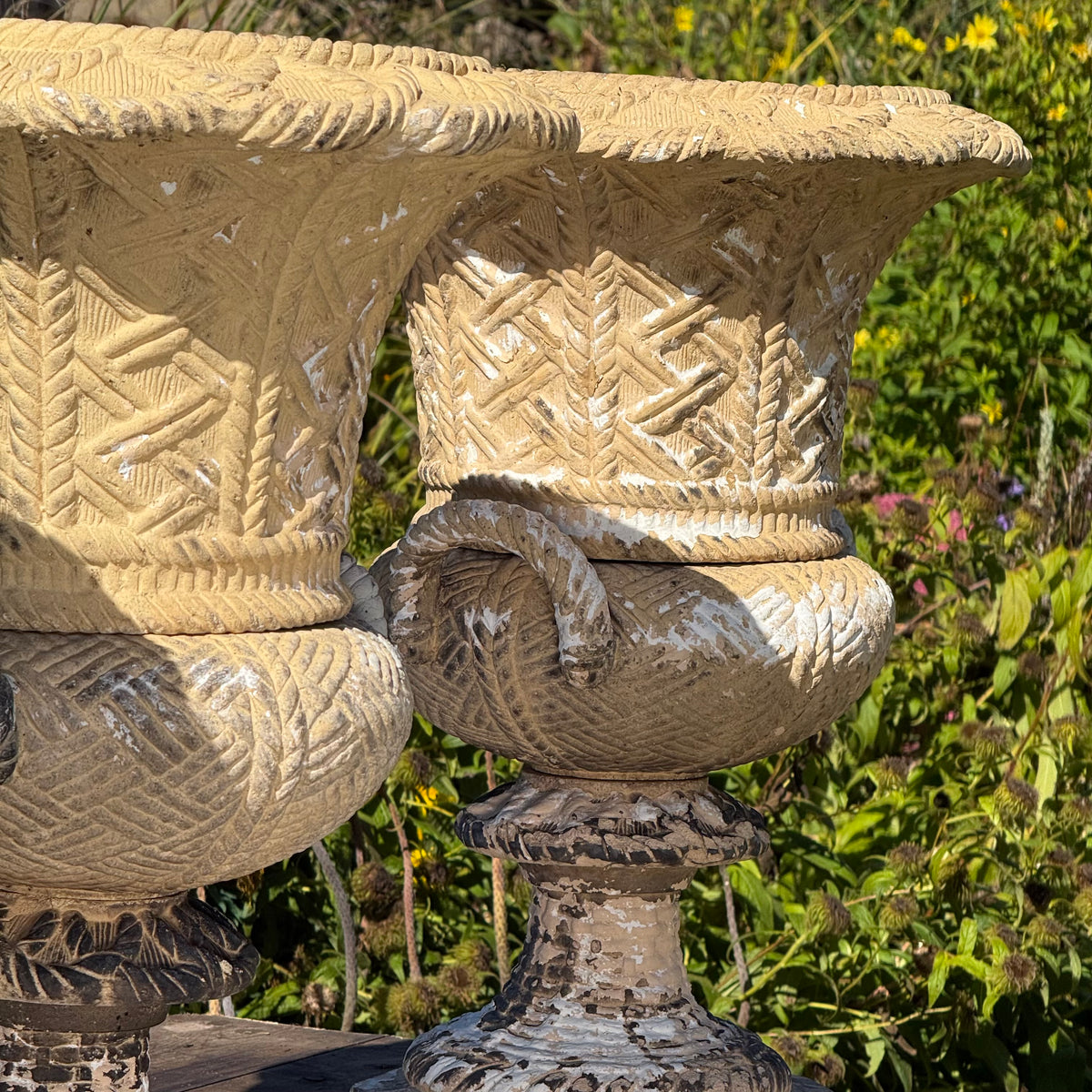 A Set of Four English Buff Terracotta Basket-Weave Garden Urns, c.1860–1880