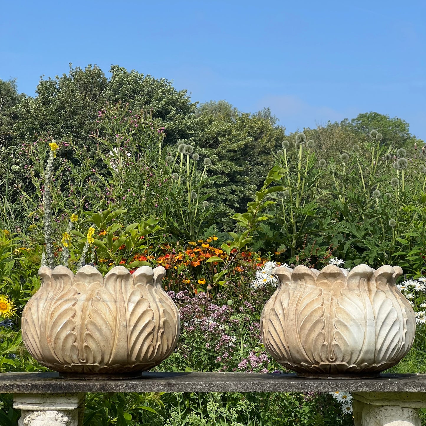 Pair of Italian Art Deco Carved Marble Lotus Form Planters, c.1930