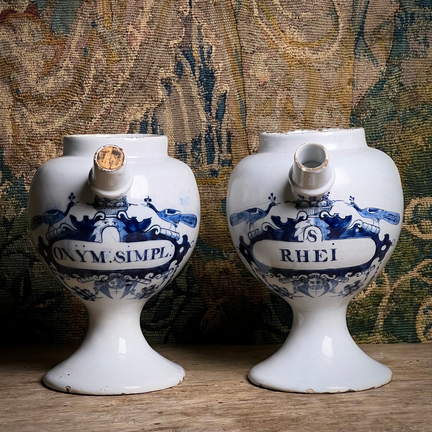 Pair of Dutch Delft Apothecary Syrup Jars, “Oxym. Simpl.” & “S. Rhei”, Mid-18th century (c.1730–1760)