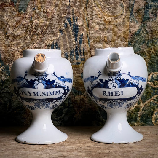 Pair of Dutch Delft Apothecary Syrup Jars, “Oxym. Simpl.” & “S. Rhei”, Mid-18th century (c.1730–1760)