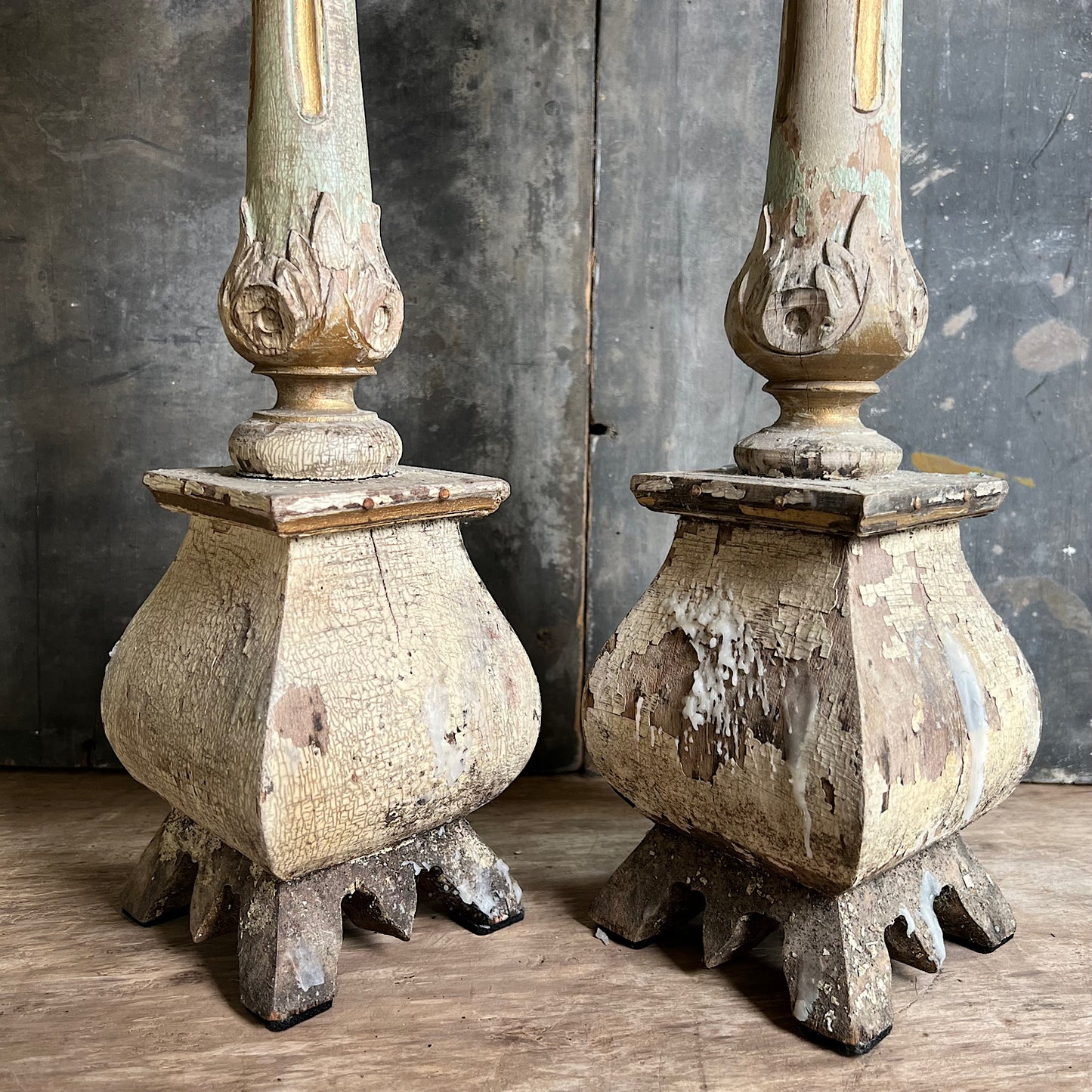 Pair of Swedish Painted Wooden Candlesticks c.1870