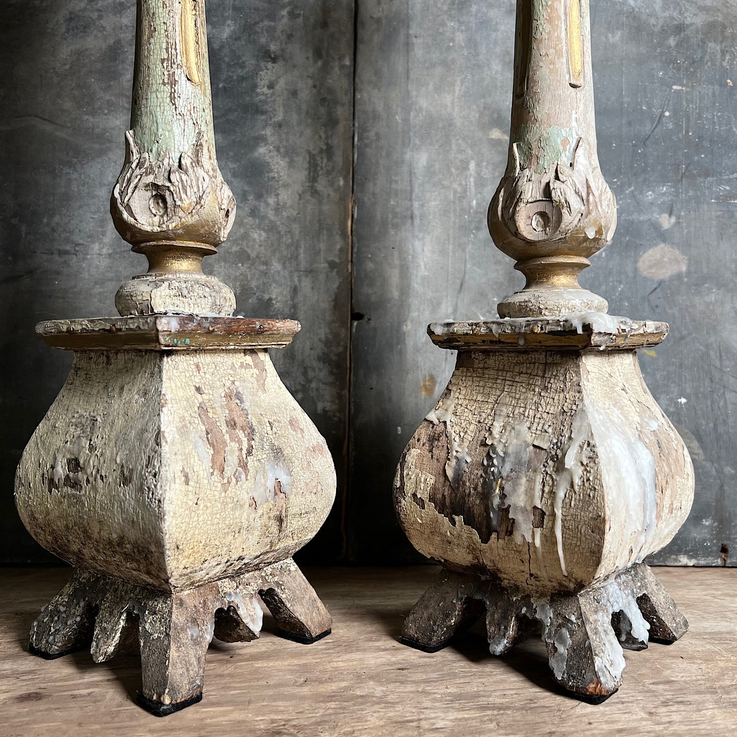 Pair of Swedish Painted Wooden Candlesticks c.1870