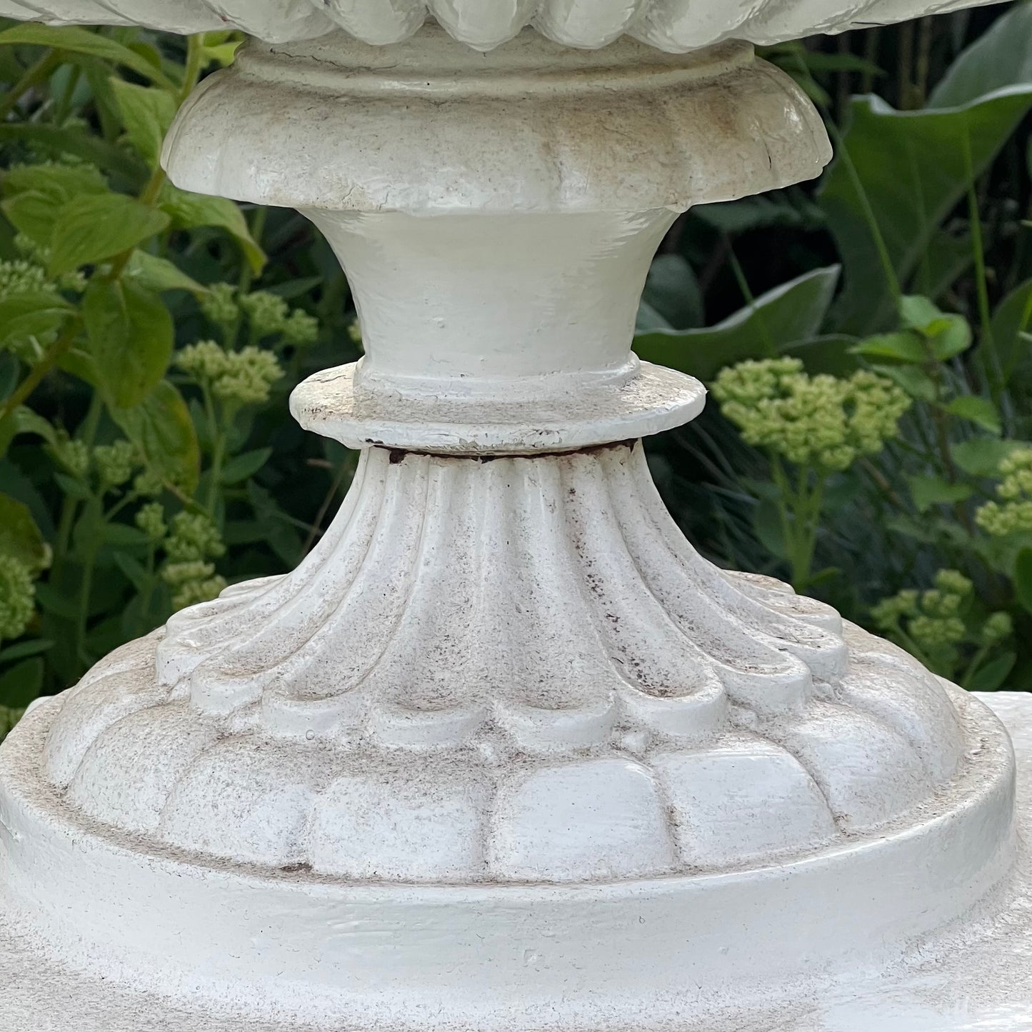 Pair of English Victorian Cast Iron Garden Urns on Ornamented Bases