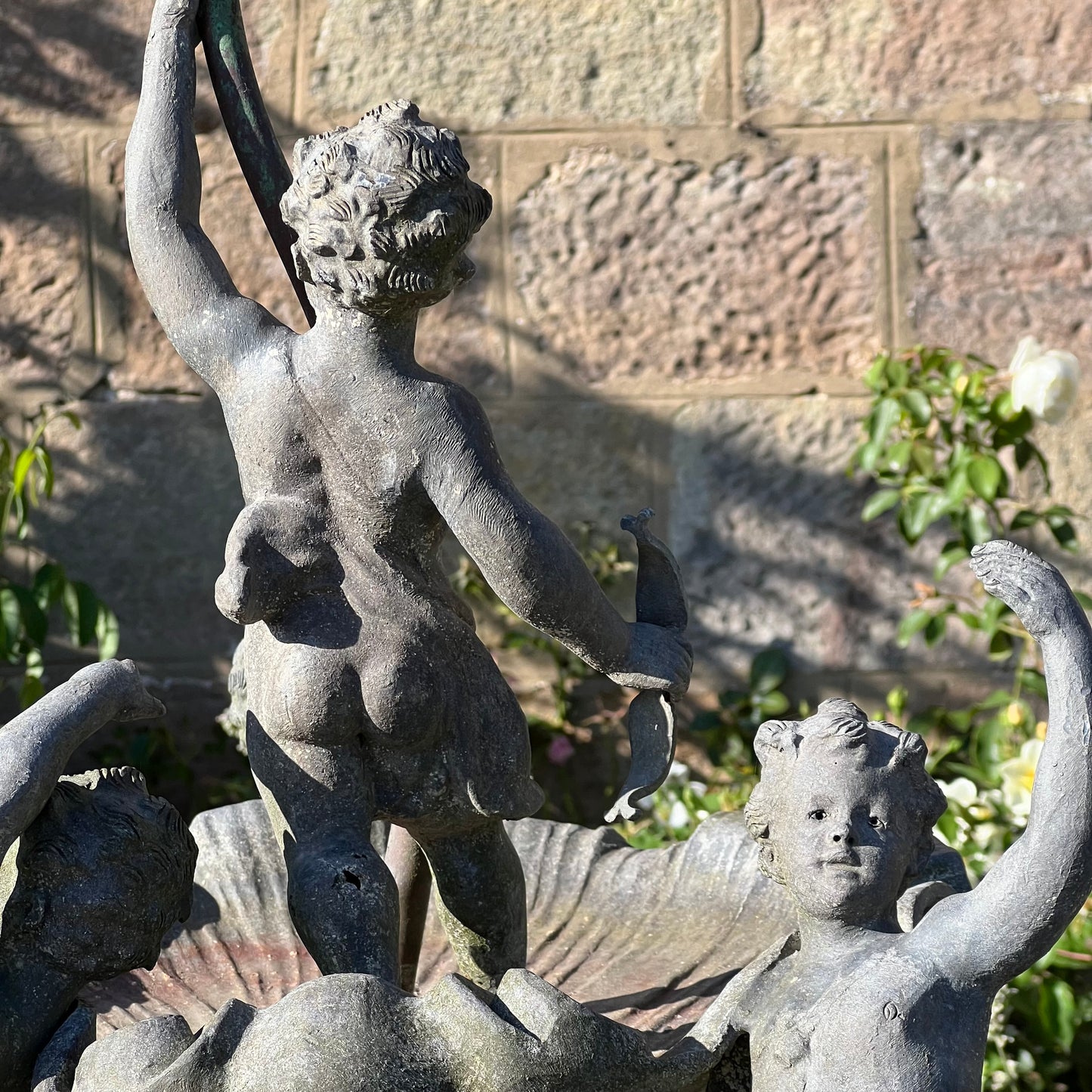 English Lead Garden Fountain with Cherub Figures, c.1920