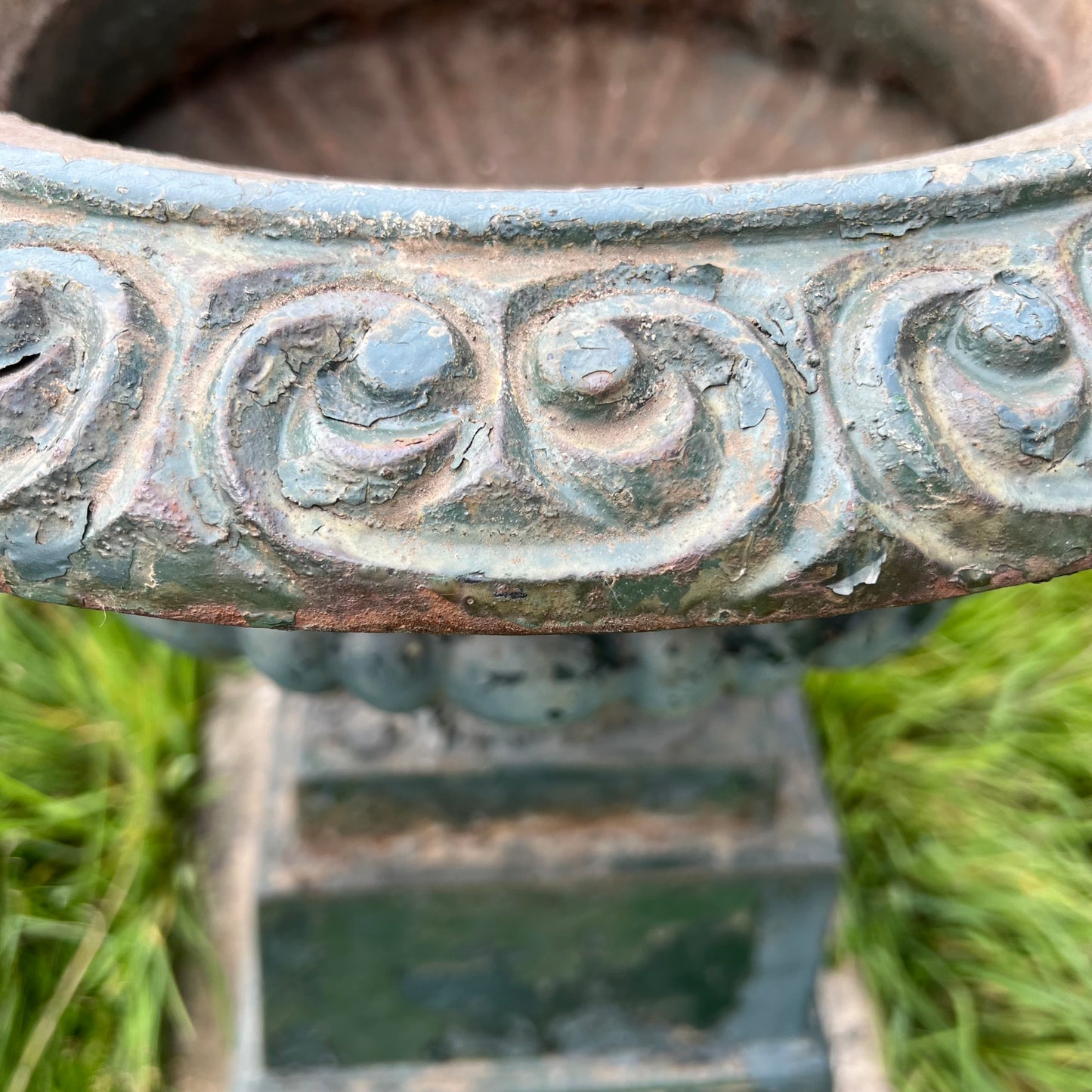 Pair of English Cast Iron Garden Urns with Plinths c.1870