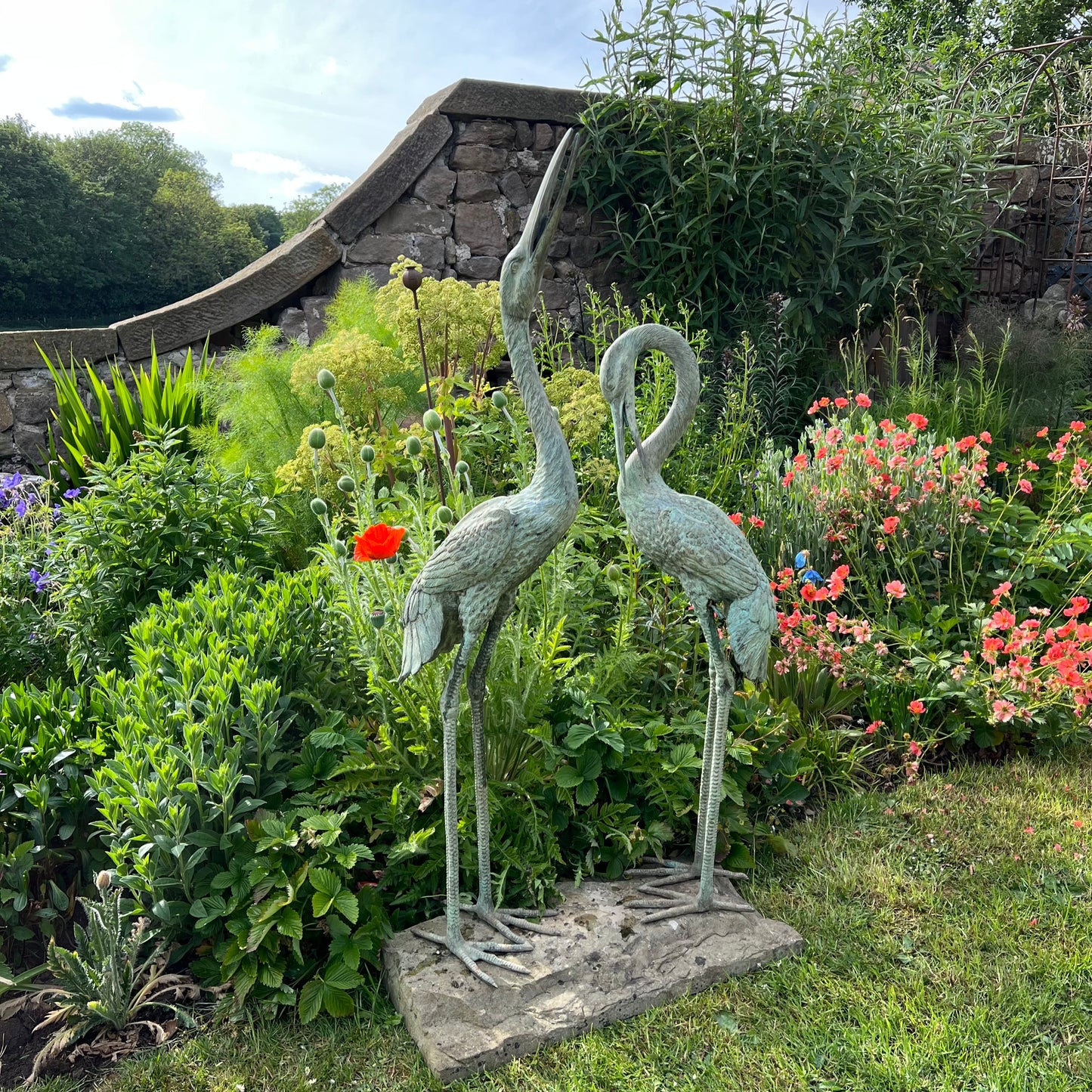 Pair of Meiji Style Bronze Garden Cranes with Fountain Spouts Mid 20th Century