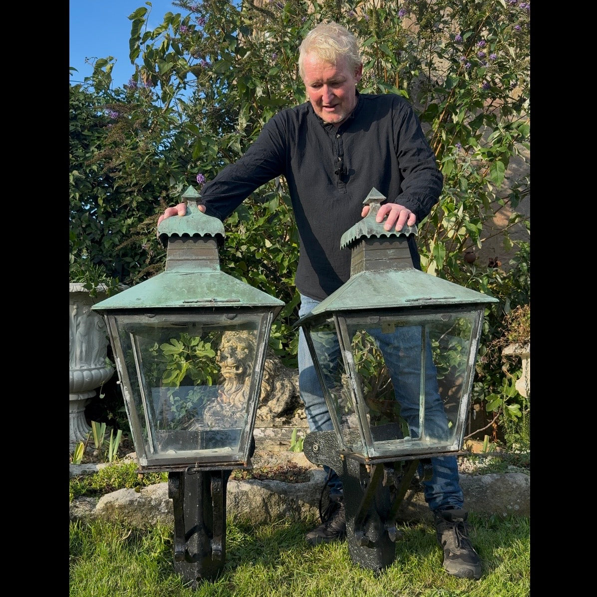 Monumental Pair of English Late Victorian Copper Corner Lanterns, c.1890