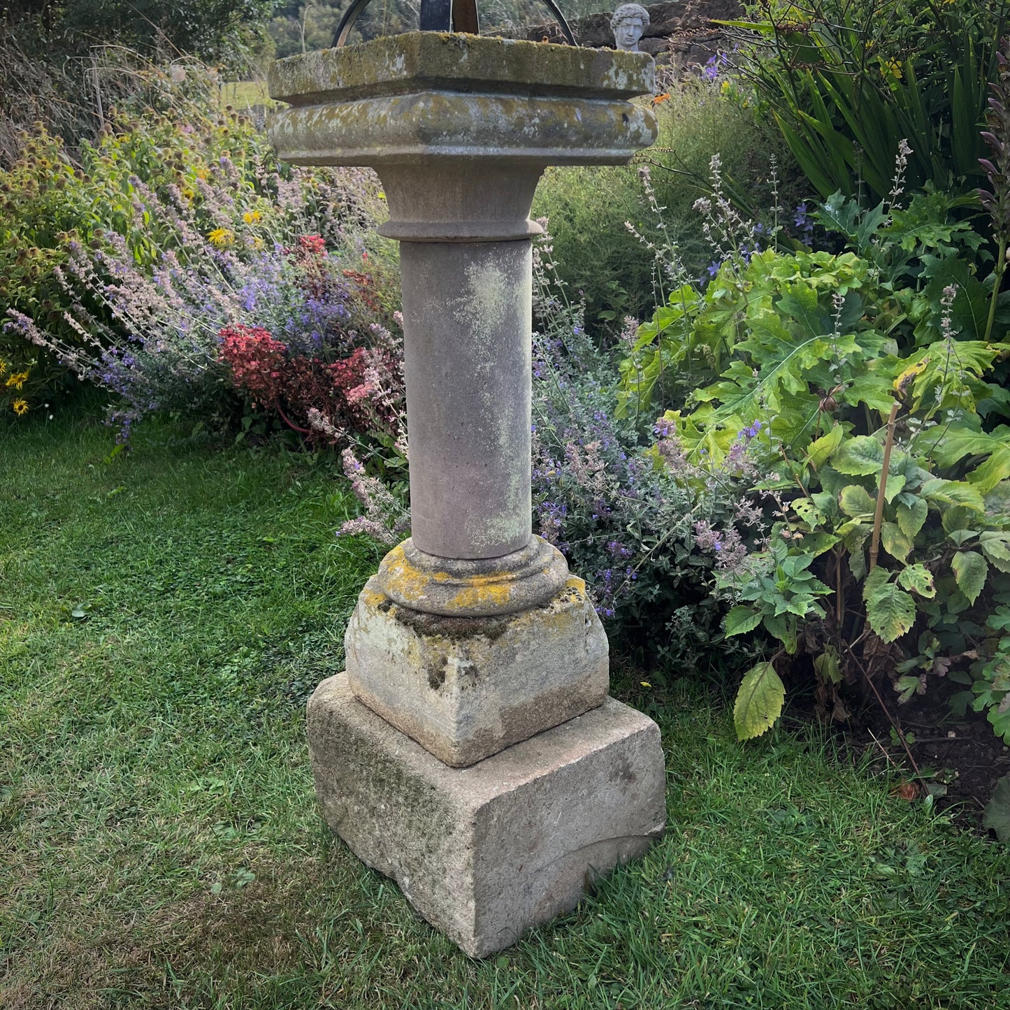 Wrought Iron Armillary Sphere upon English Carved Stone Column