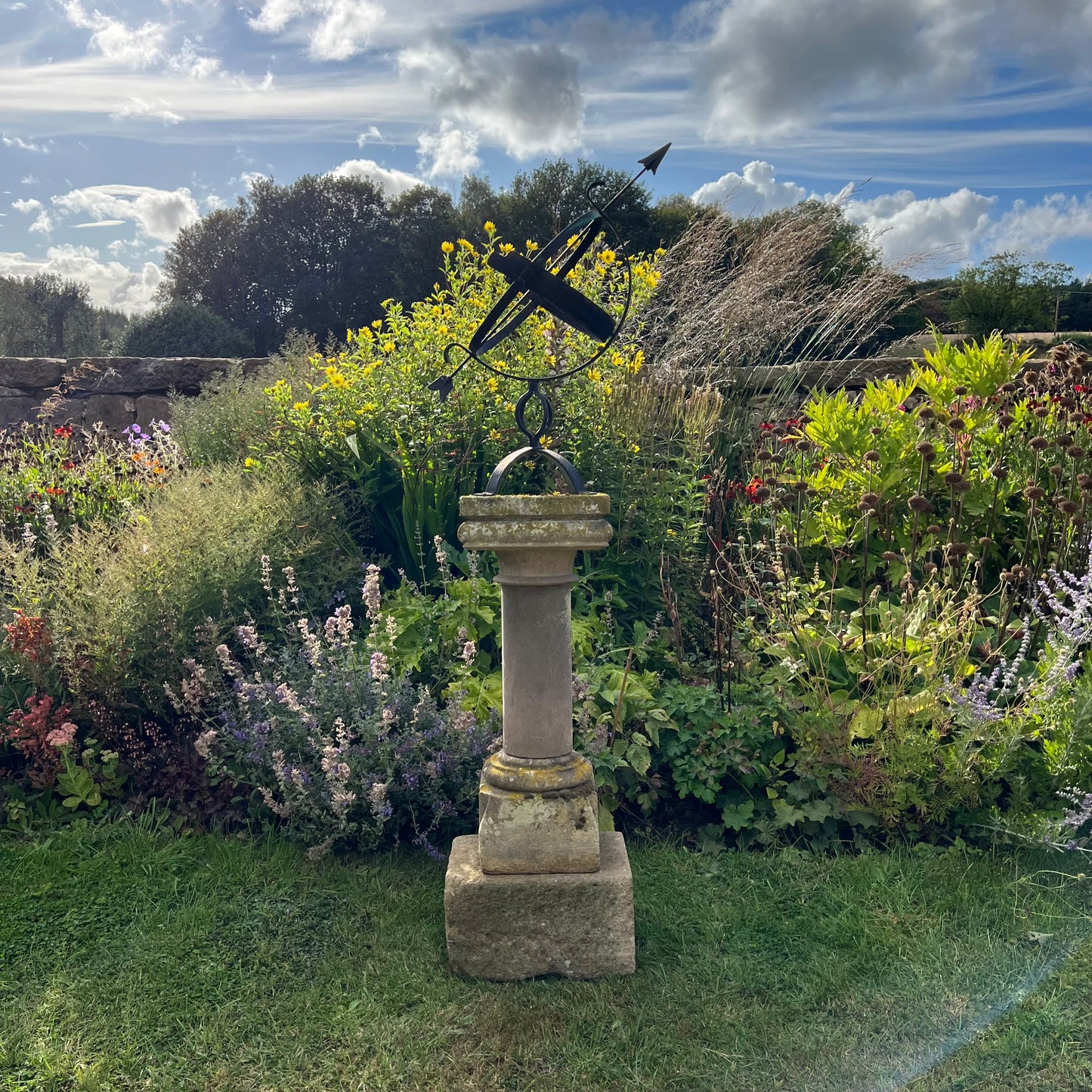 Wrought Iron Armillary Sphere upon English Carved Stone Column