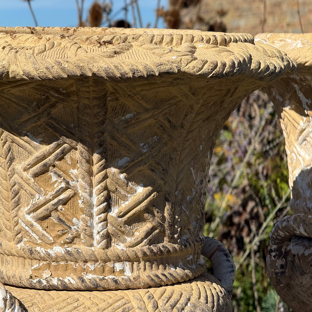 A Set of Four English Buff Terracotta Basket-Weave Garden Urns, c.1860–1880