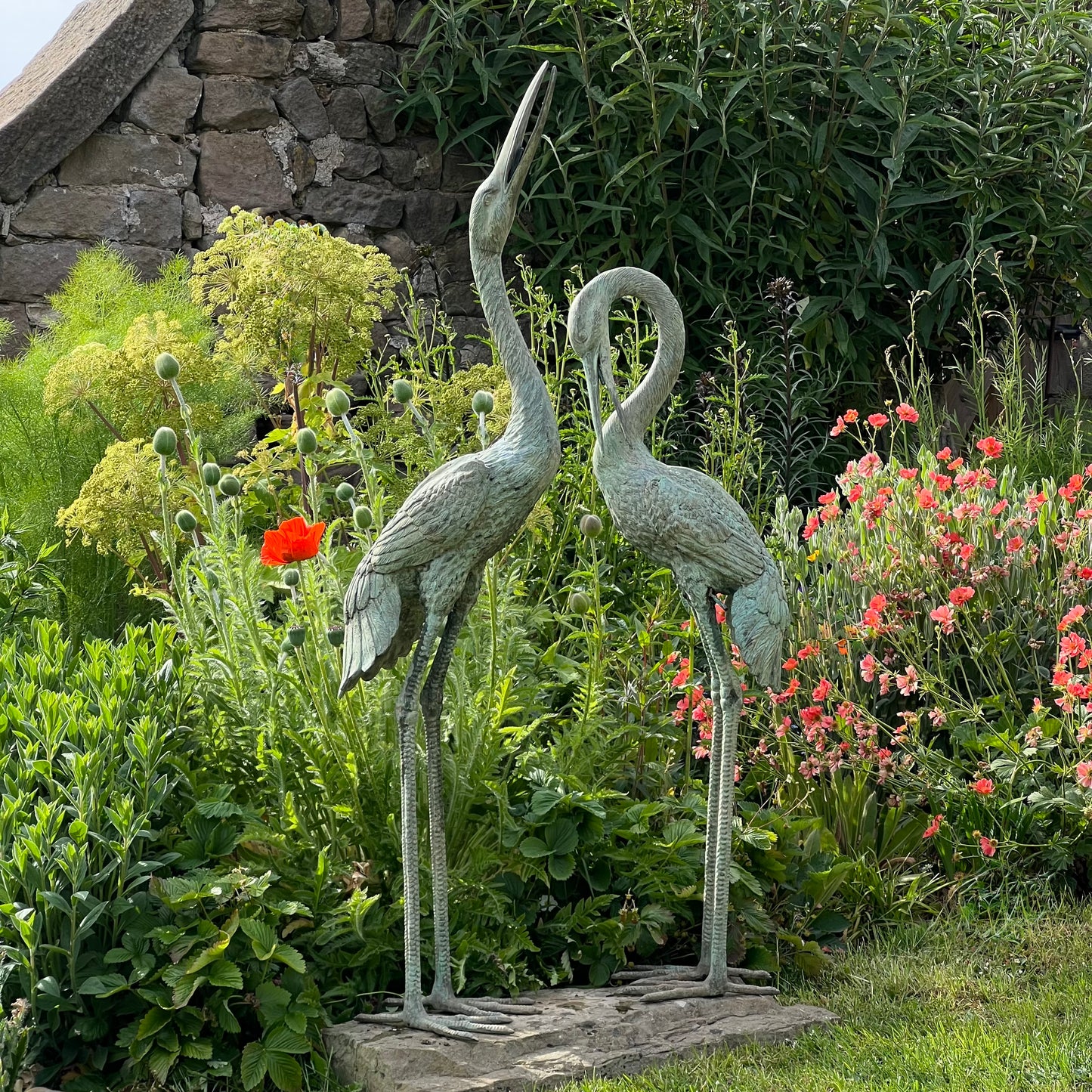 Pair of Meiji Style Bronze Garden Cranes with Fountain Spouts Mid 20th Century