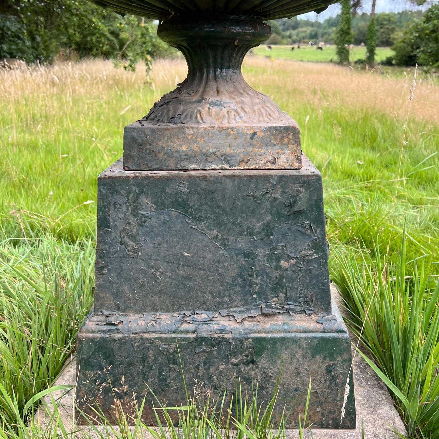 Pair of English Cast Iron Garden Urns with Plinths c.1870