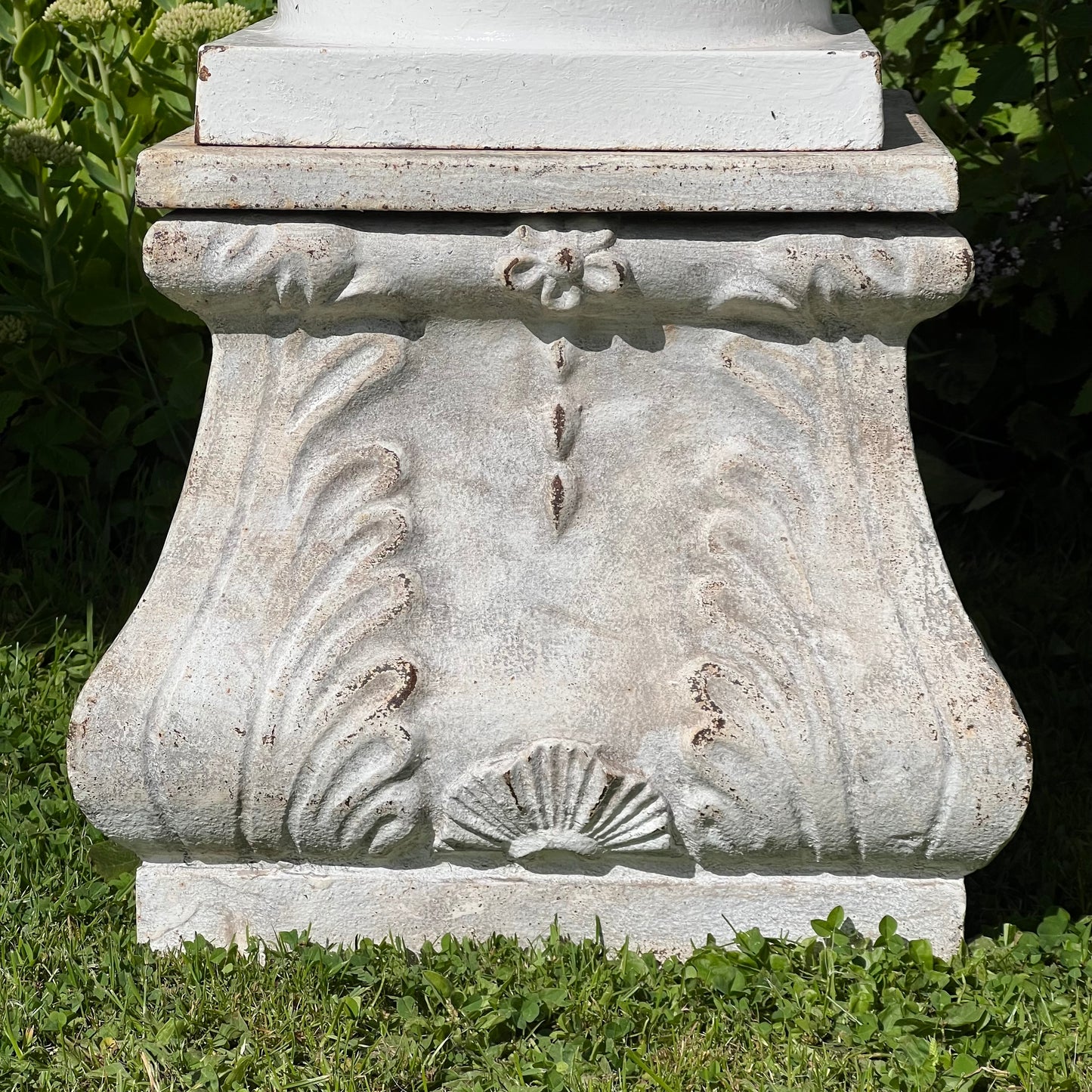 Pair of English Victorian Cast Iron Garden Urns on Ornamented Bases