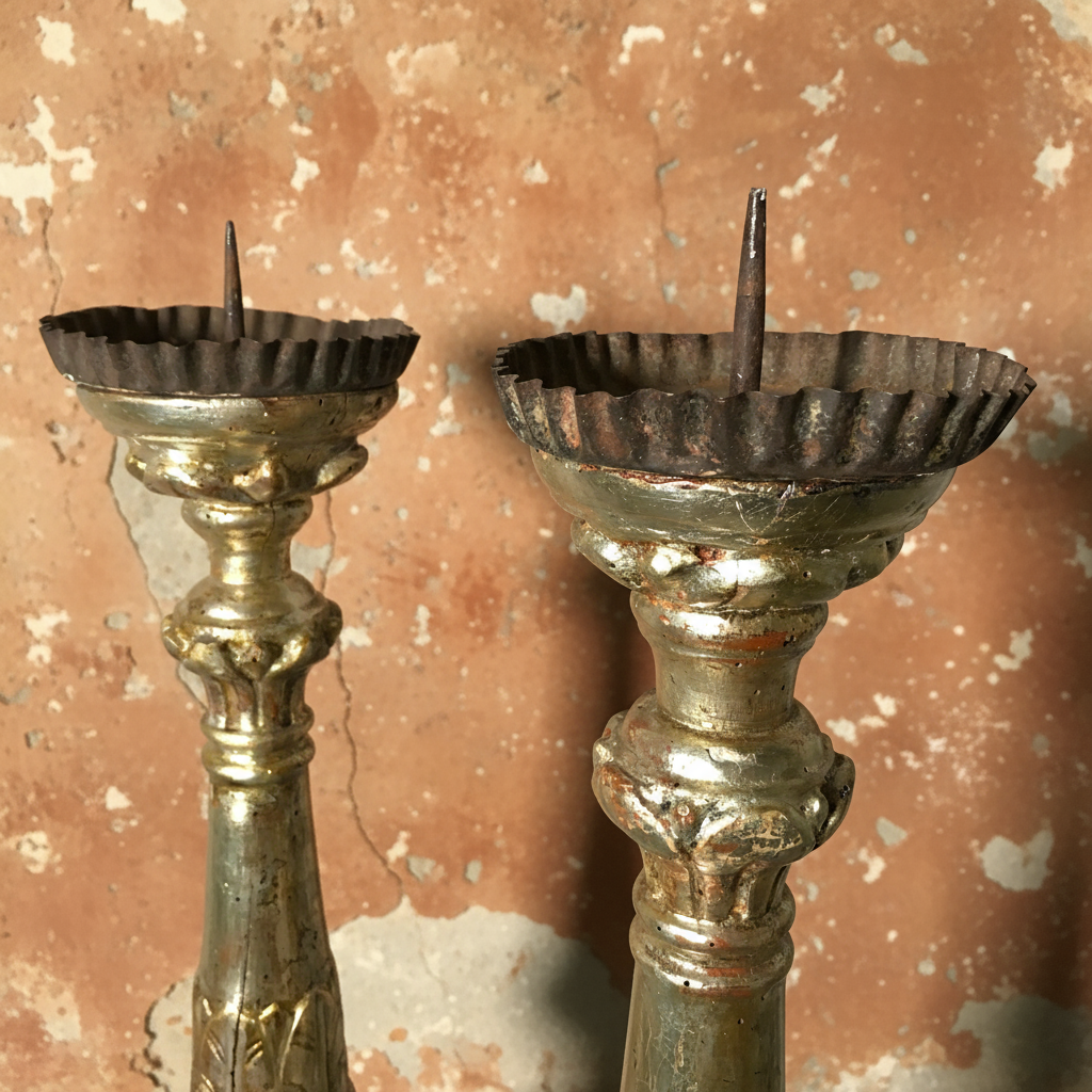 Pair of Italian Silver-Leaf Mecca Altar Pricket Candlesticks c.1750