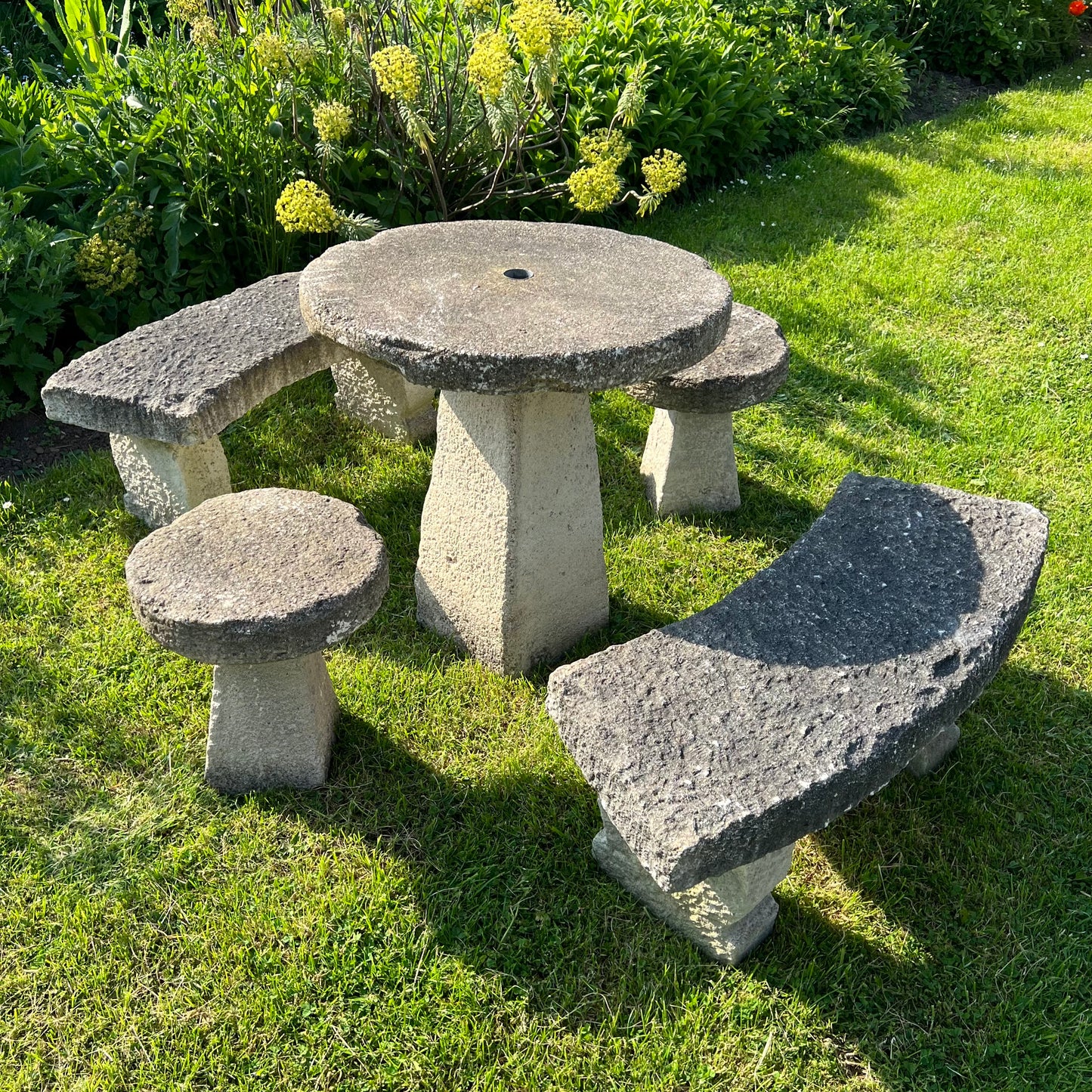 Vintage Composite Stone Garden Table, Bench & Stool Dining Set