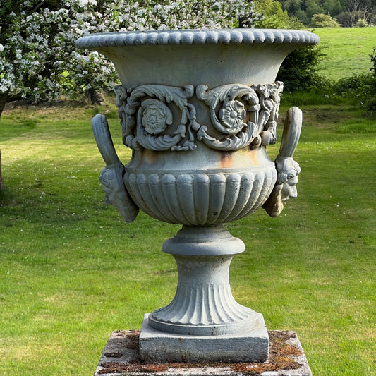 Exceptional Pair of English Campana Cast Iron Urns by Handyside Co. c.1870 with Plinths
