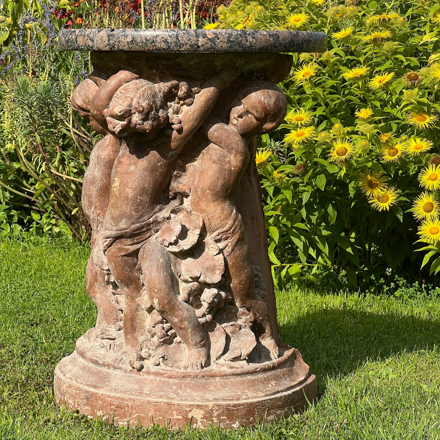 18th Century French Terracotta Putti Demi-Lune Table with Marble Top