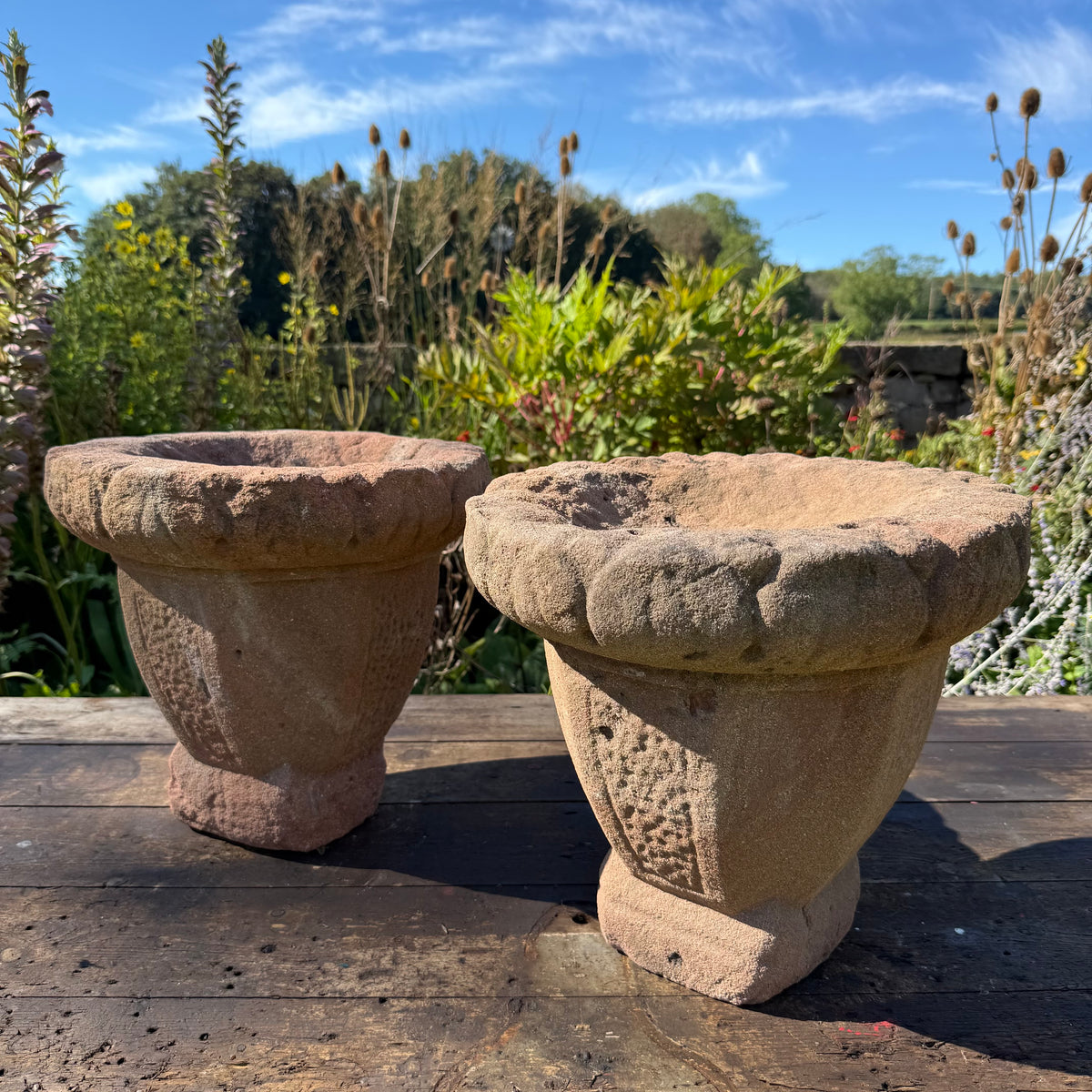 Pair of English Stuart Red Sandstone Urns, c.1680