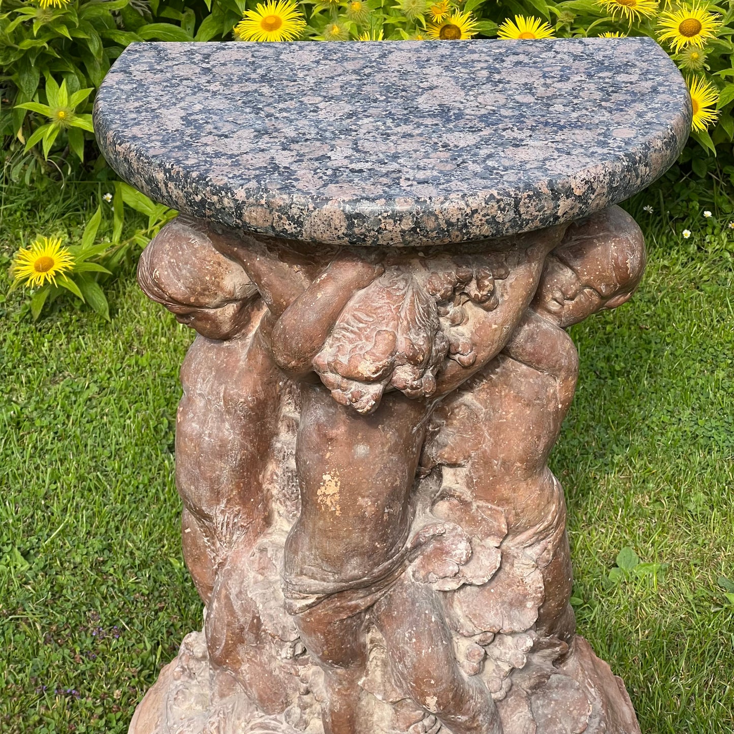 18th Century French Terracotta Putti Demi-Lune Table with Marble Top