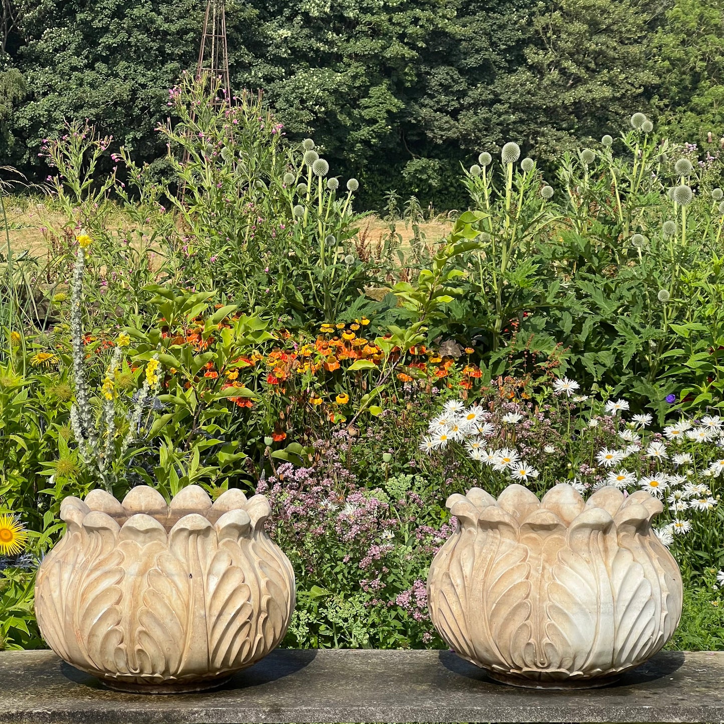 Pair of Italian Art Deco Carved Marble Lotus Form Planters, c.1930