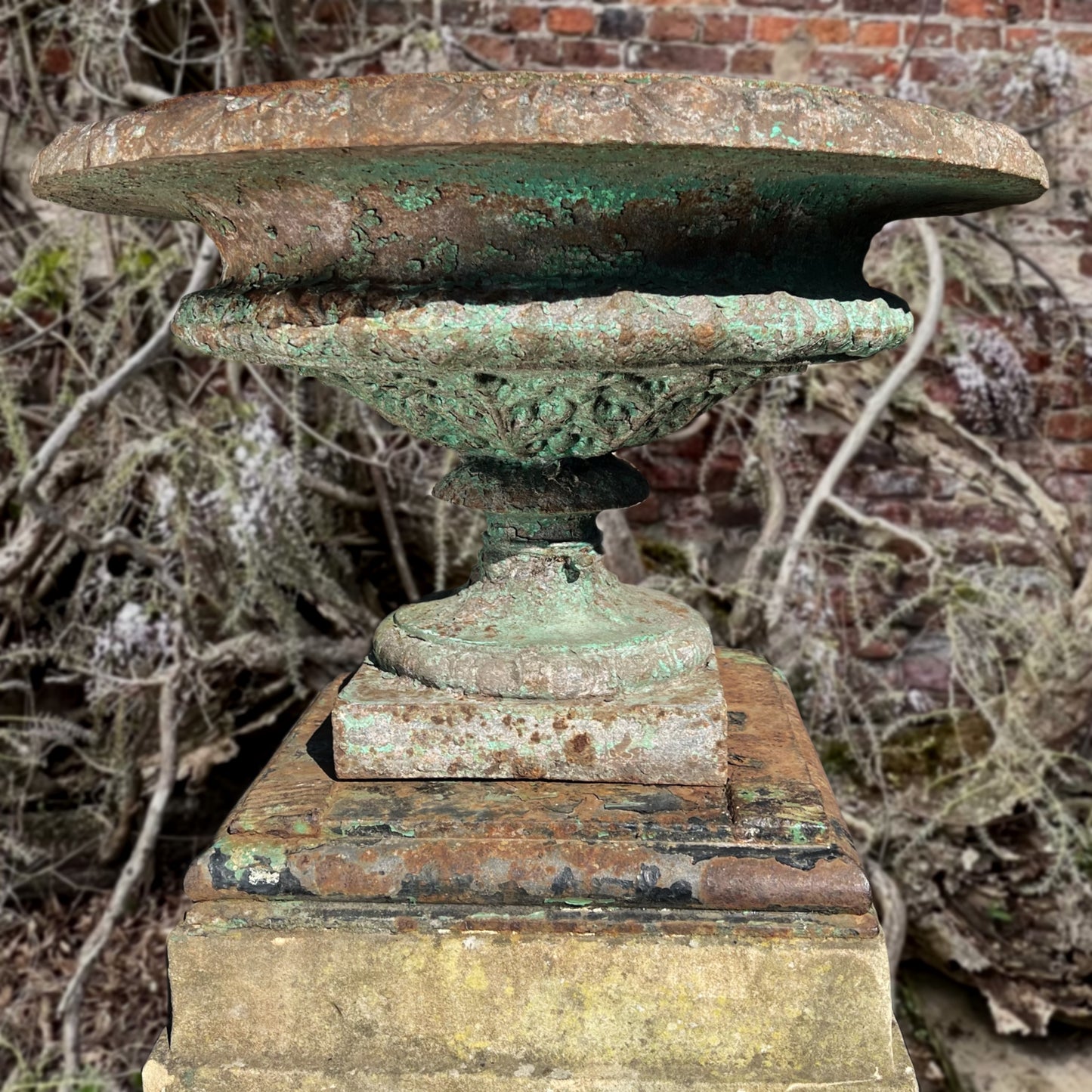 Pair of French Cast Iron Tazza Urns on Sandstone Plinths c.1880