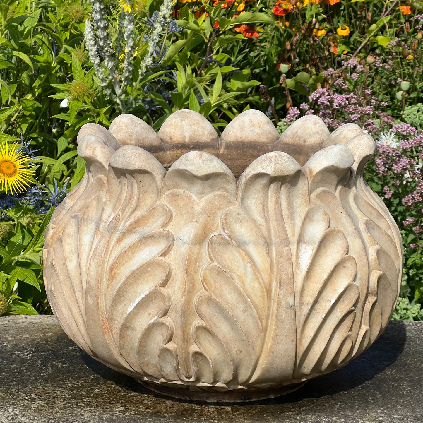 Pair of Italian Art Deco Carved Marble Lotus Form Planters, c.1930