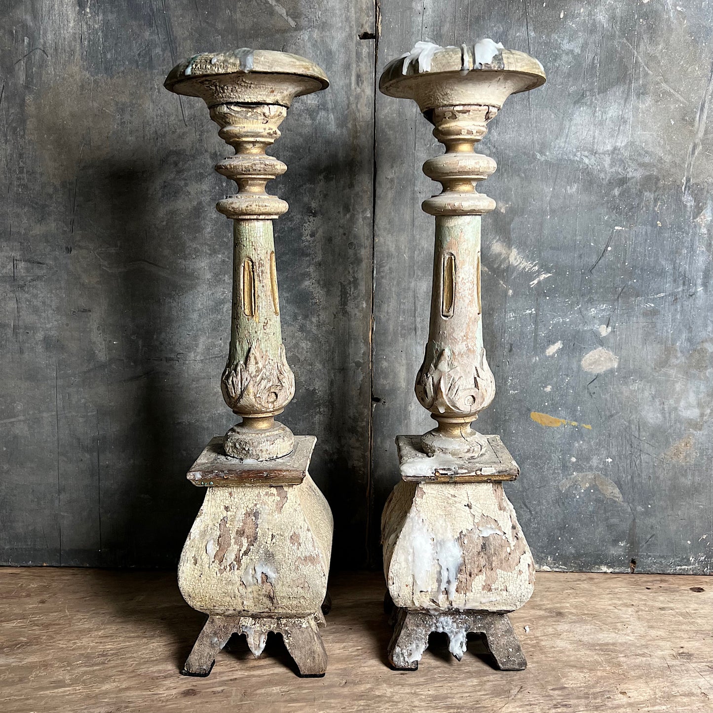 Pair of Swedish Painted Wooden Candlesticks c.1870