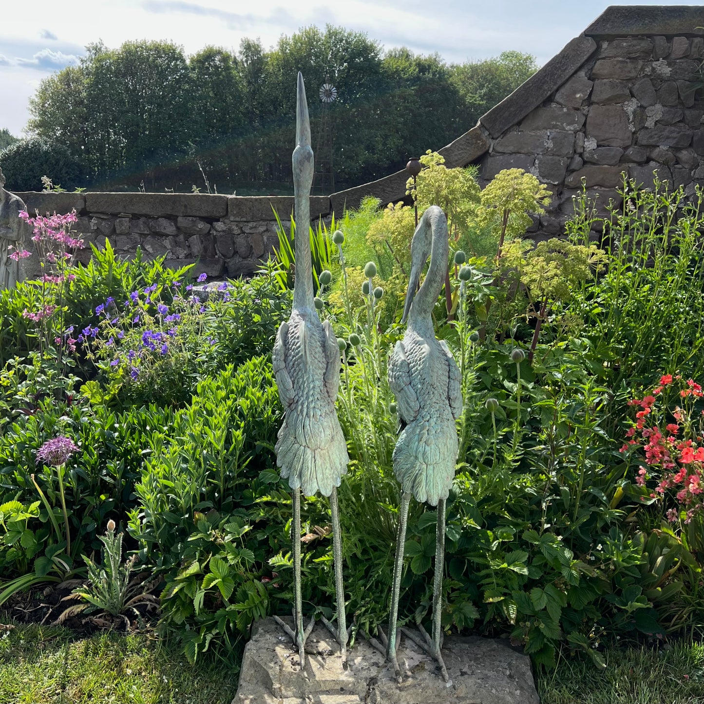 Pair of Meiji Style Bronze Garden Cranes with Fountain Spouts Mid 20th Century