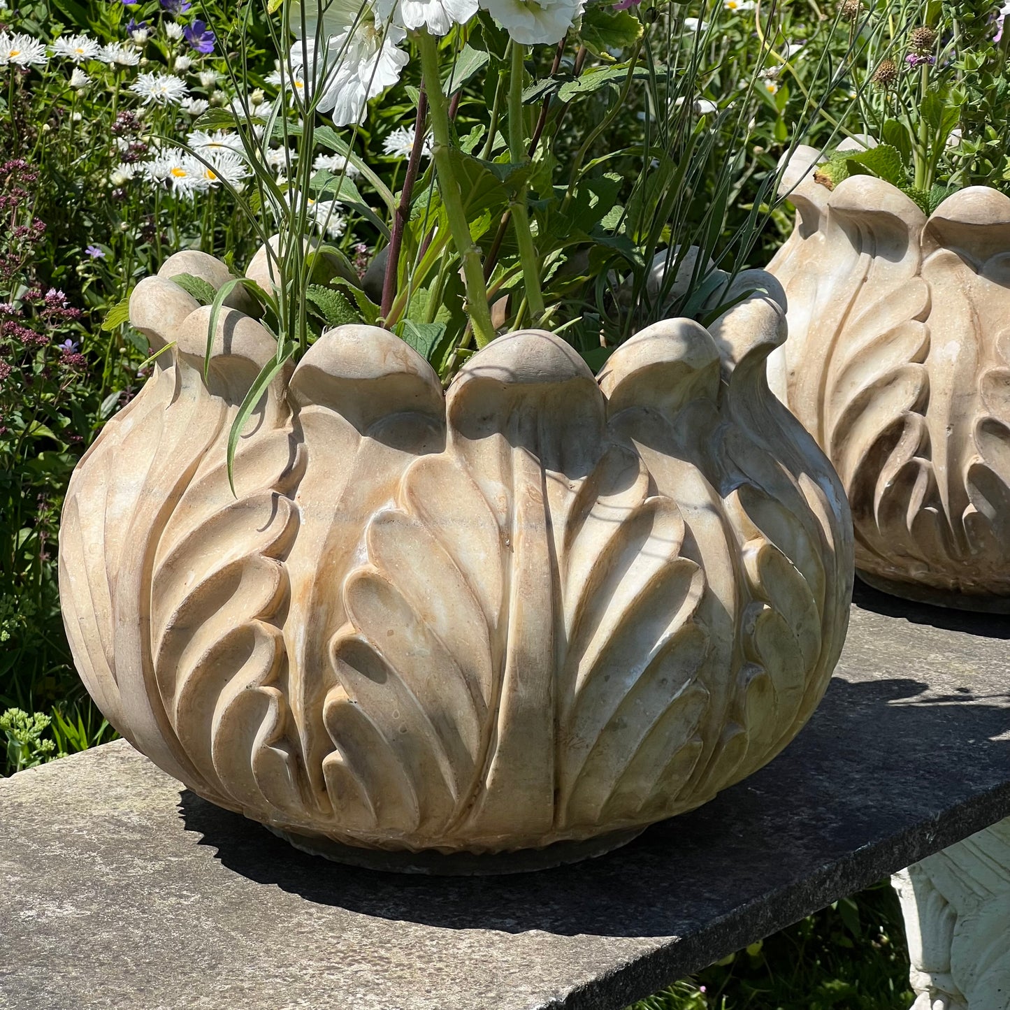 Pair of Italian Art Deco Carved Marble Lotus Form Planters, c.1930