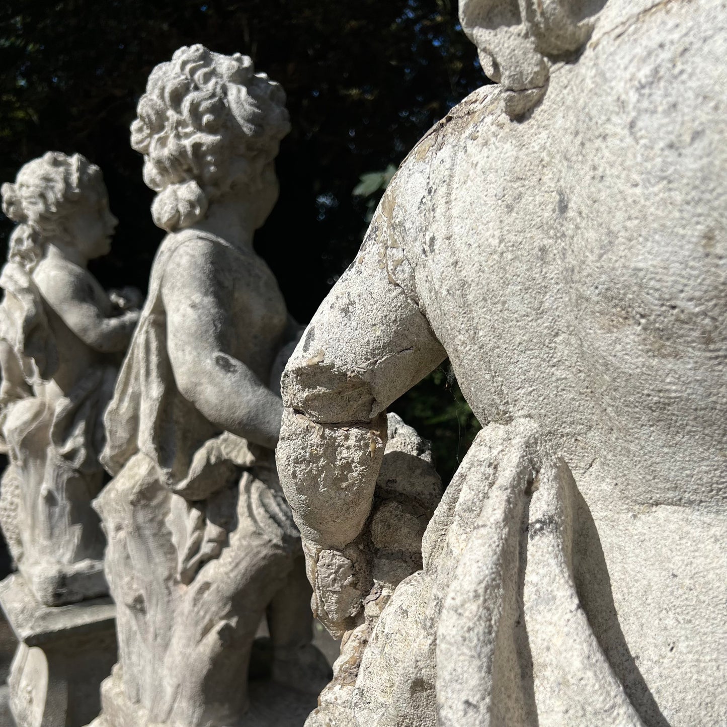 French Limestone Four Seasons Statues with Plinths c. Late 17th/Early 18th Century