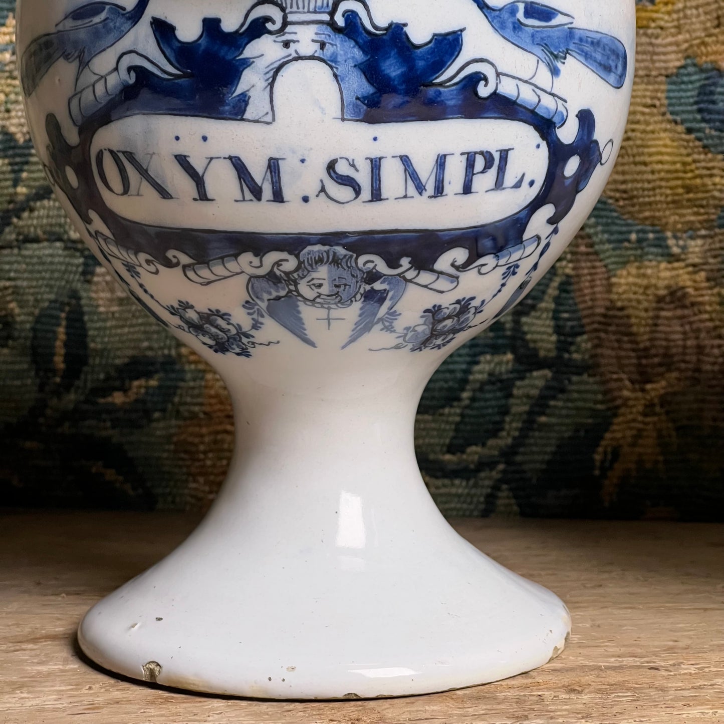 Pair of Dutch Delft Apothecary Syrup Jars, “Oxym. Simpl.” & “S. Rhei”, Mid-18th century (c.1730–1760)