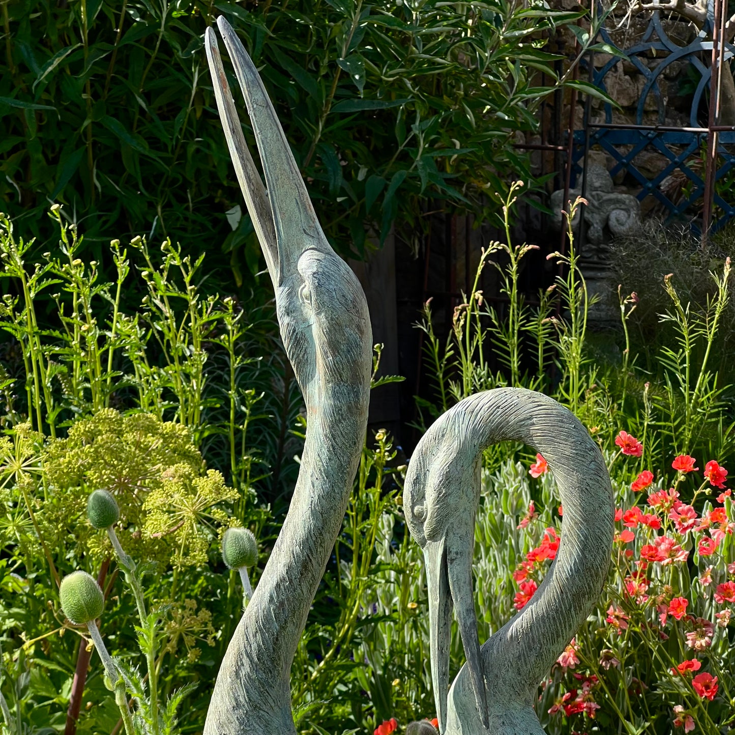 Pair of Meiji Style Bronze Garden Cranes with Fountain Spouts Mid 20th Century