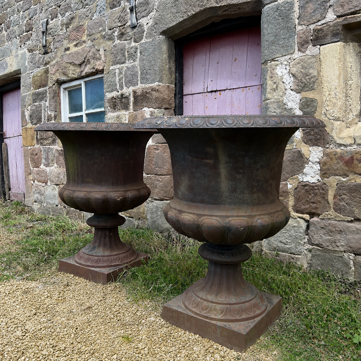 Monumental Pair of Cast Iron Campana Garden Urns, Late 20th Century