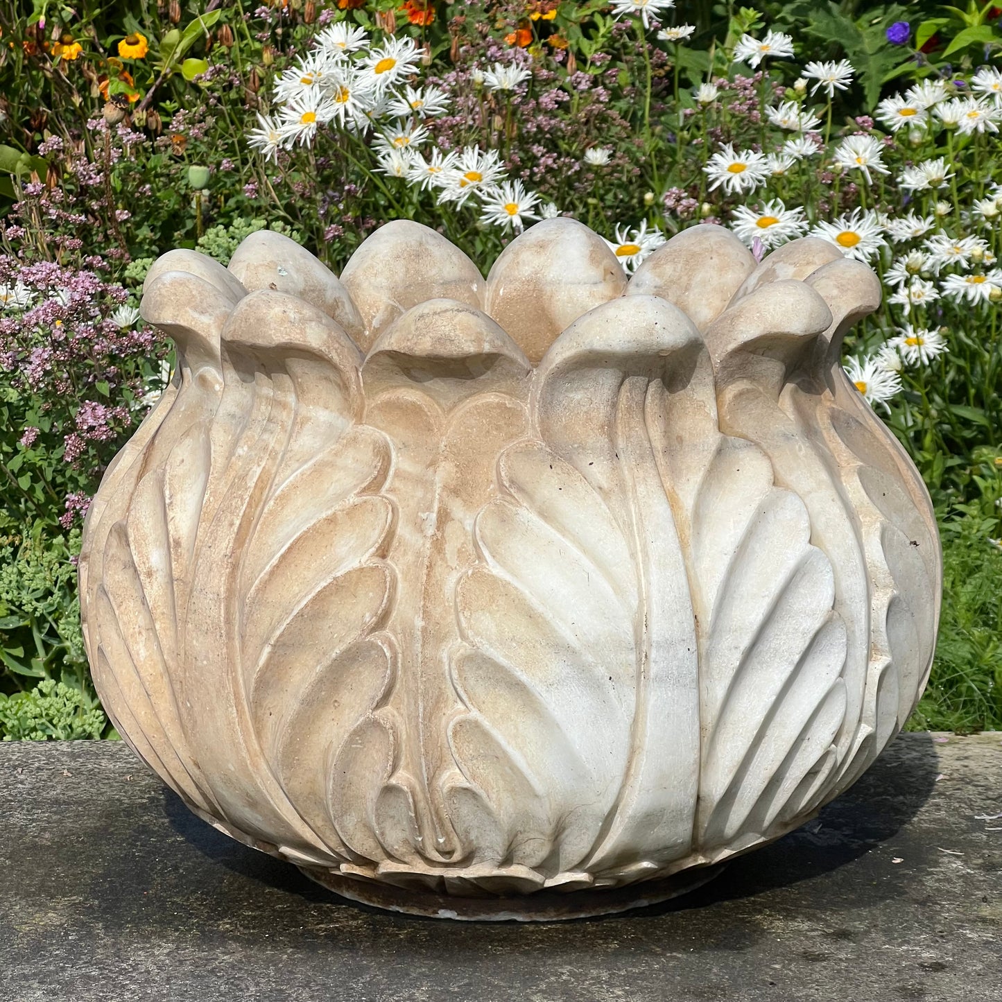 Pair of Italian Art Deco Carved Marble Lotus Form Planters, c.1930