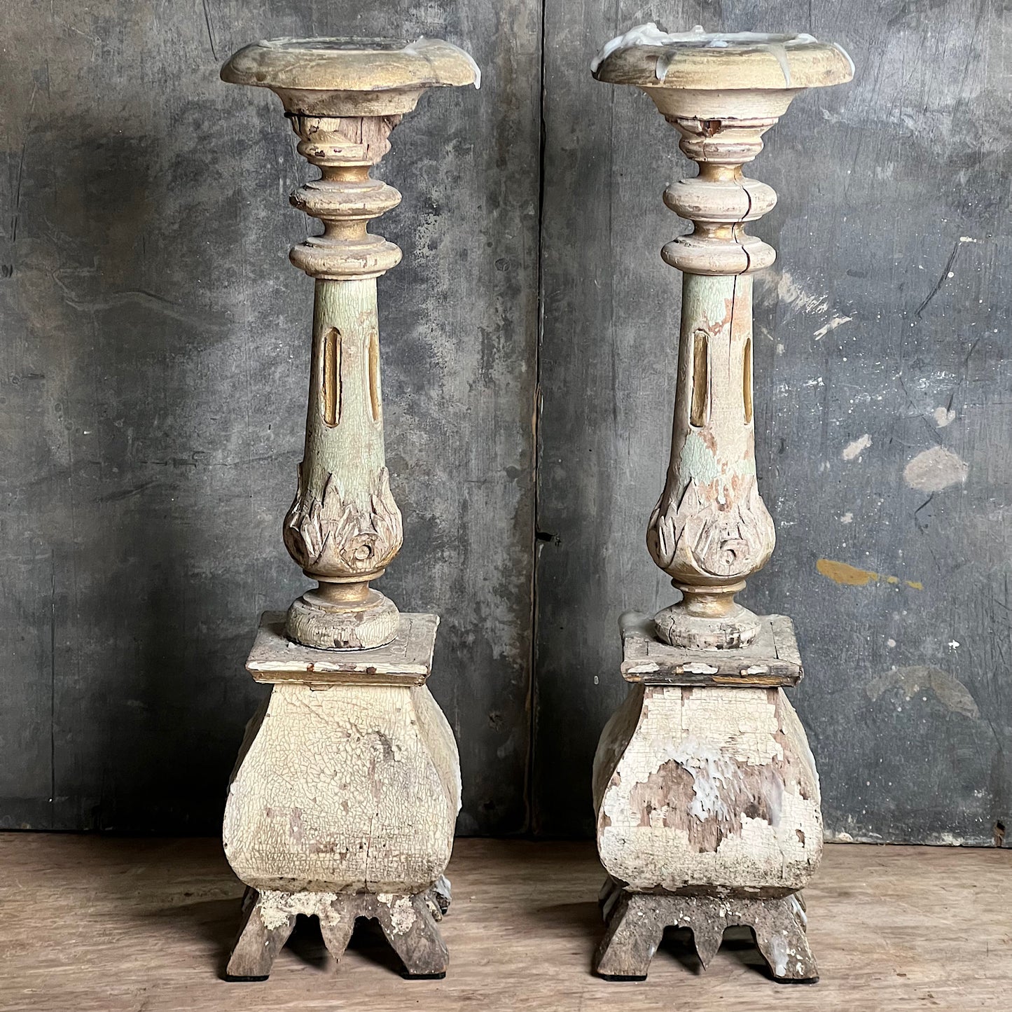 Pair of Swedish Painted Wooden Candlesticks c.1870