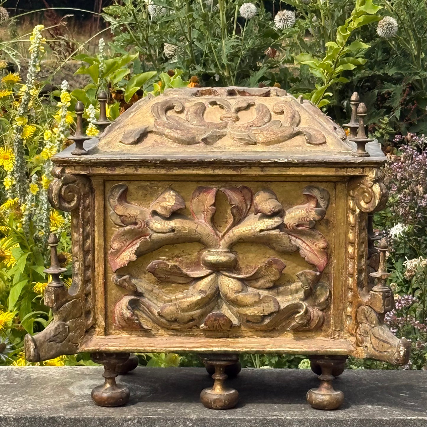17th Century Italian Baroque Carved, Gilt & Polychrome Sarcophagus Form Reliquary Casket