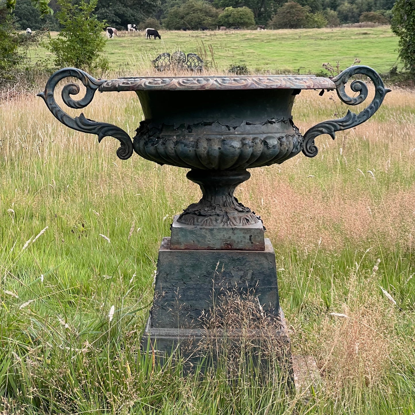 Pair of English Cast Iron Garden Urns with Plinths c.1870
