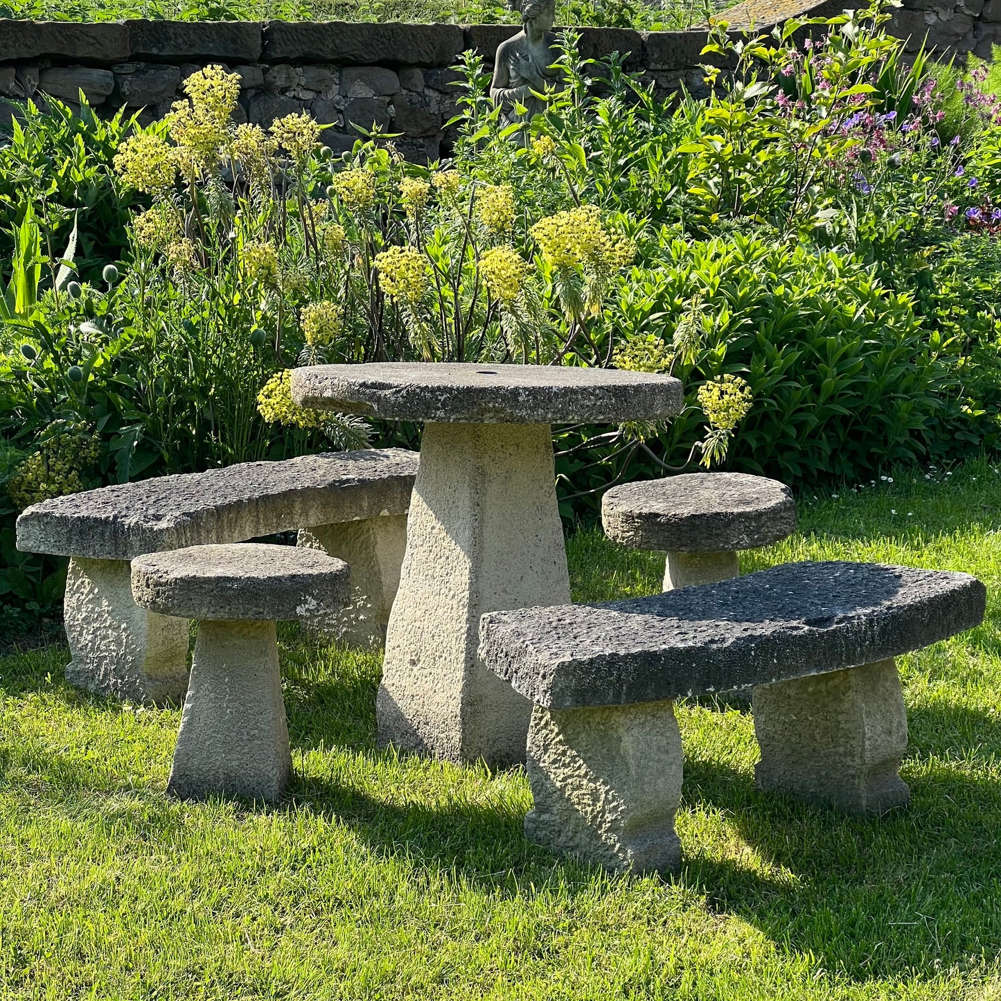 Vintage Composite Stone Garden Table, Bench & Stool Dining Set